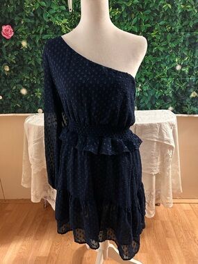 Altar’d State One-Shoulder Navy Swiss Dot Ruffle Dress Medium